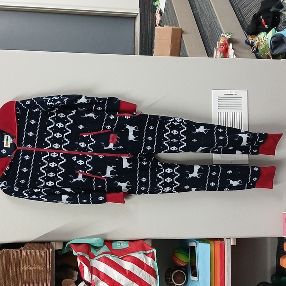 TIPSY ELVES Blue Reindeer Fleece Hooded One Piece Jumpsuit Pajamas Men's Small - Picture 2 of 9